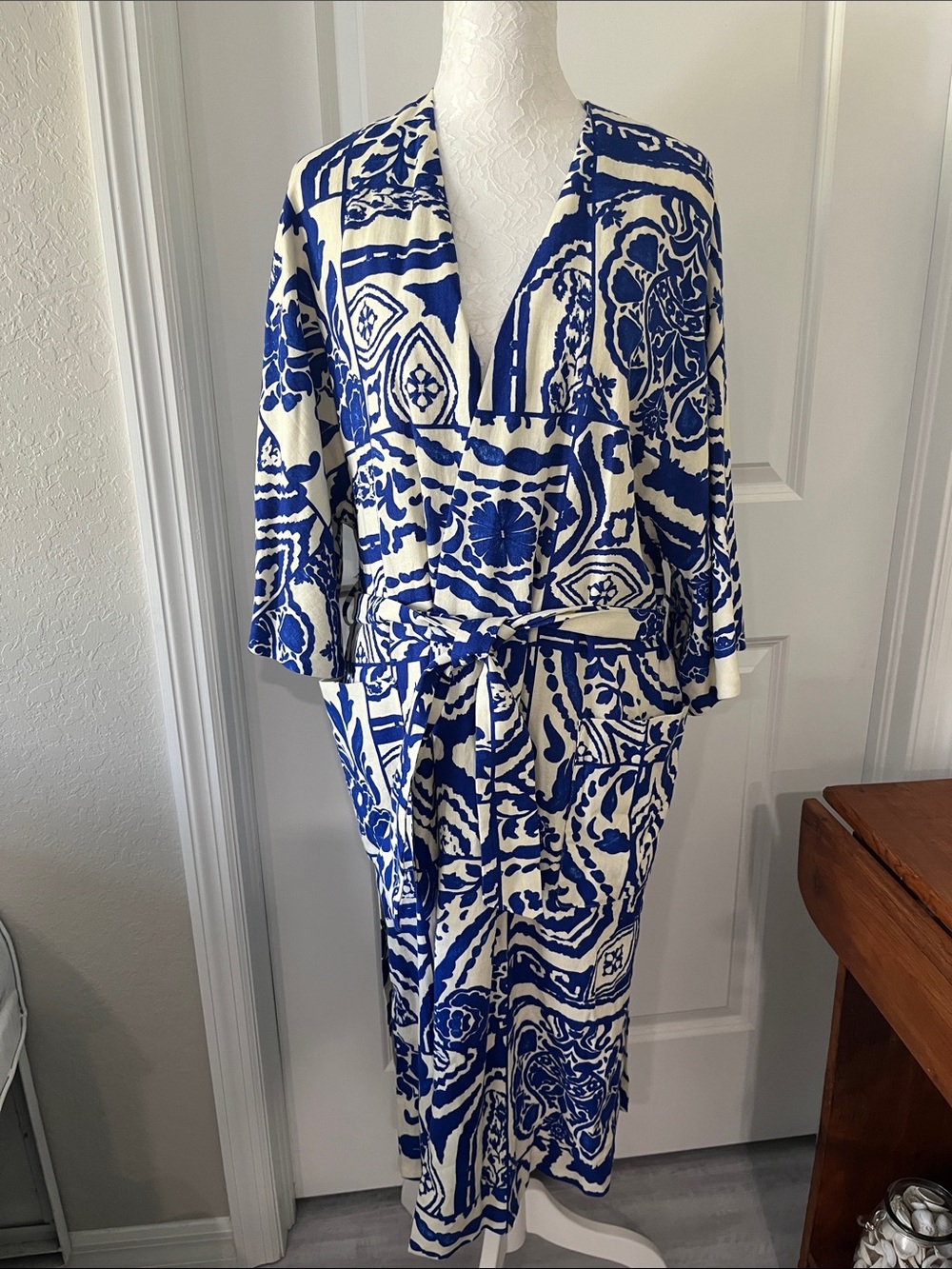 Zara Mediterranean Tile Print Kimono Belted Lined Duster,Dress, Pool NWOT SZ M/L